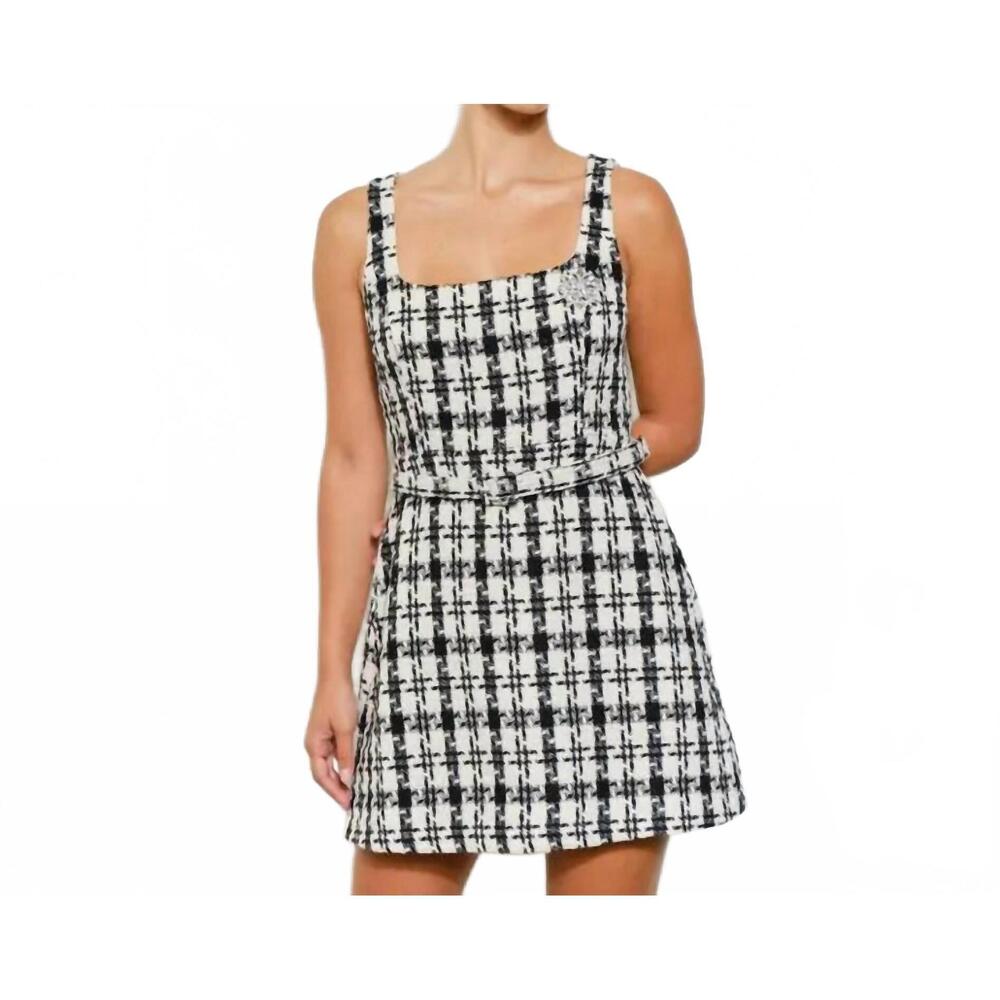 NEW INA FASHION check tweed brooch detail belted mini dress in black